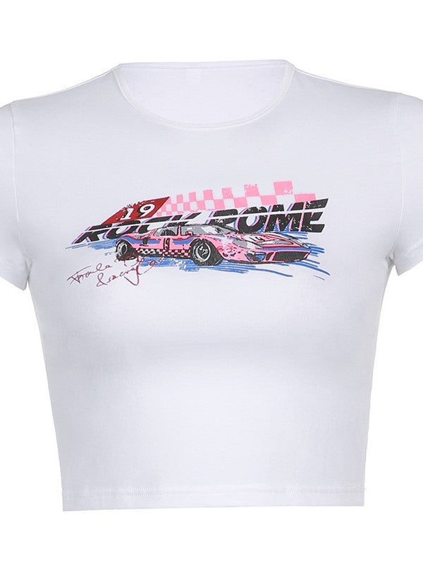WHITE RACE CAR GRAPHIC SLIM FIT CROP T-SHIRT