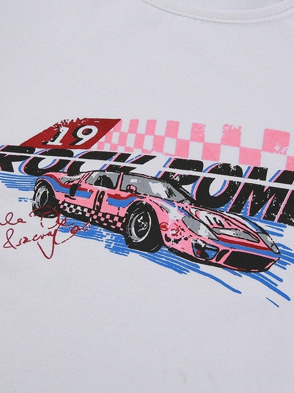 WHITE RACE CAR GRAPHIC SLIM FIT CROP T-SHIRT