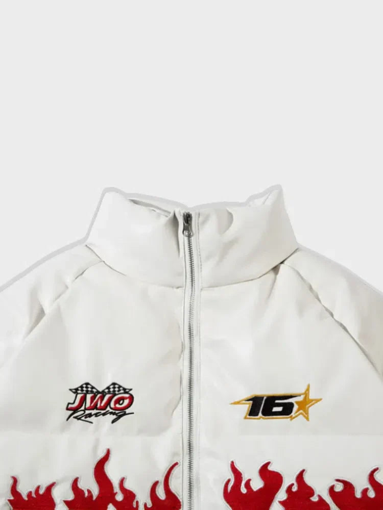 WHITE RACING-STYLE PUFFER JACKET REMADES SPORTS WINTER JACKET