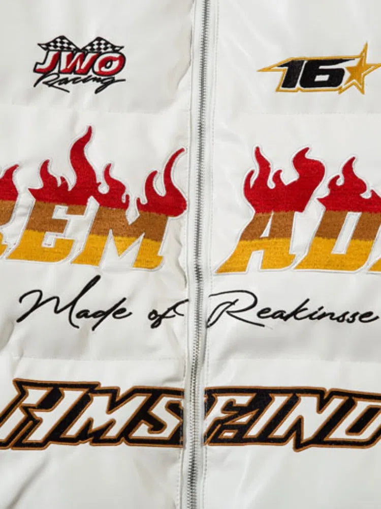 WHITE RACING-STYLE PUFFER JACKET REMADES SPORTS WINTER JACKET