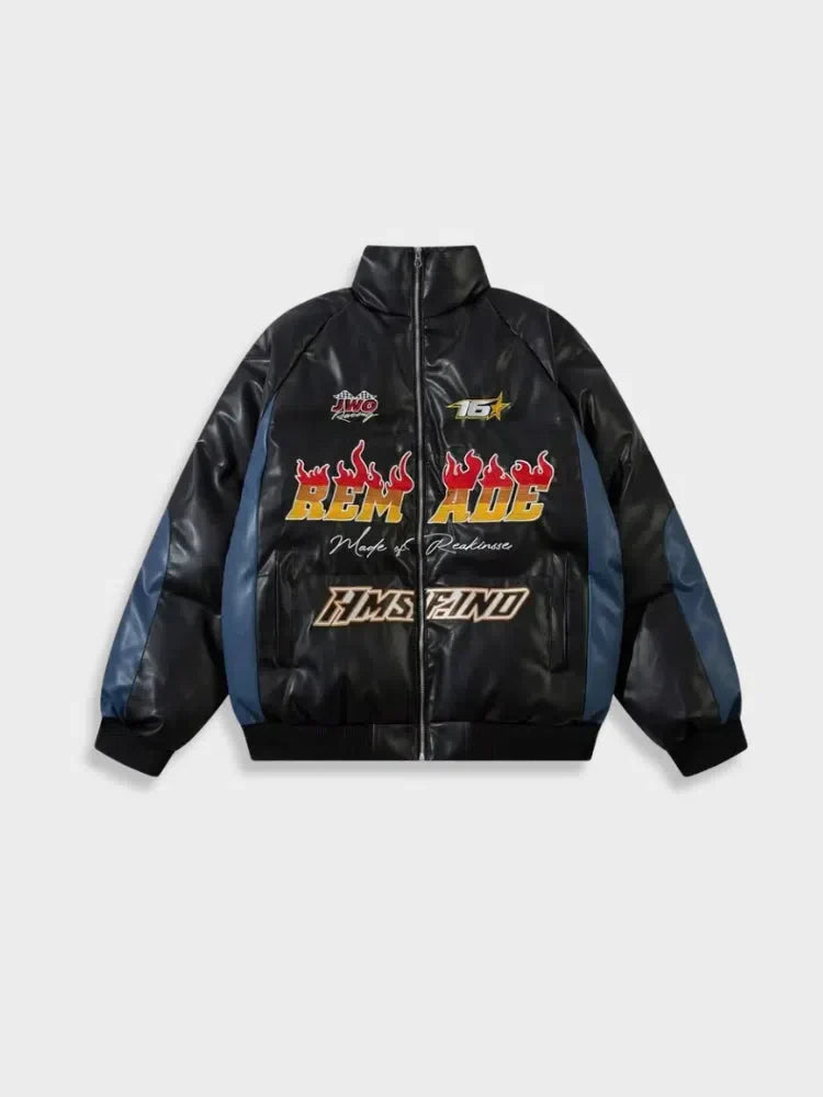WHITE RACING-STYLE PUFFER JACKET REMADES SPORTS WINTER JACKET