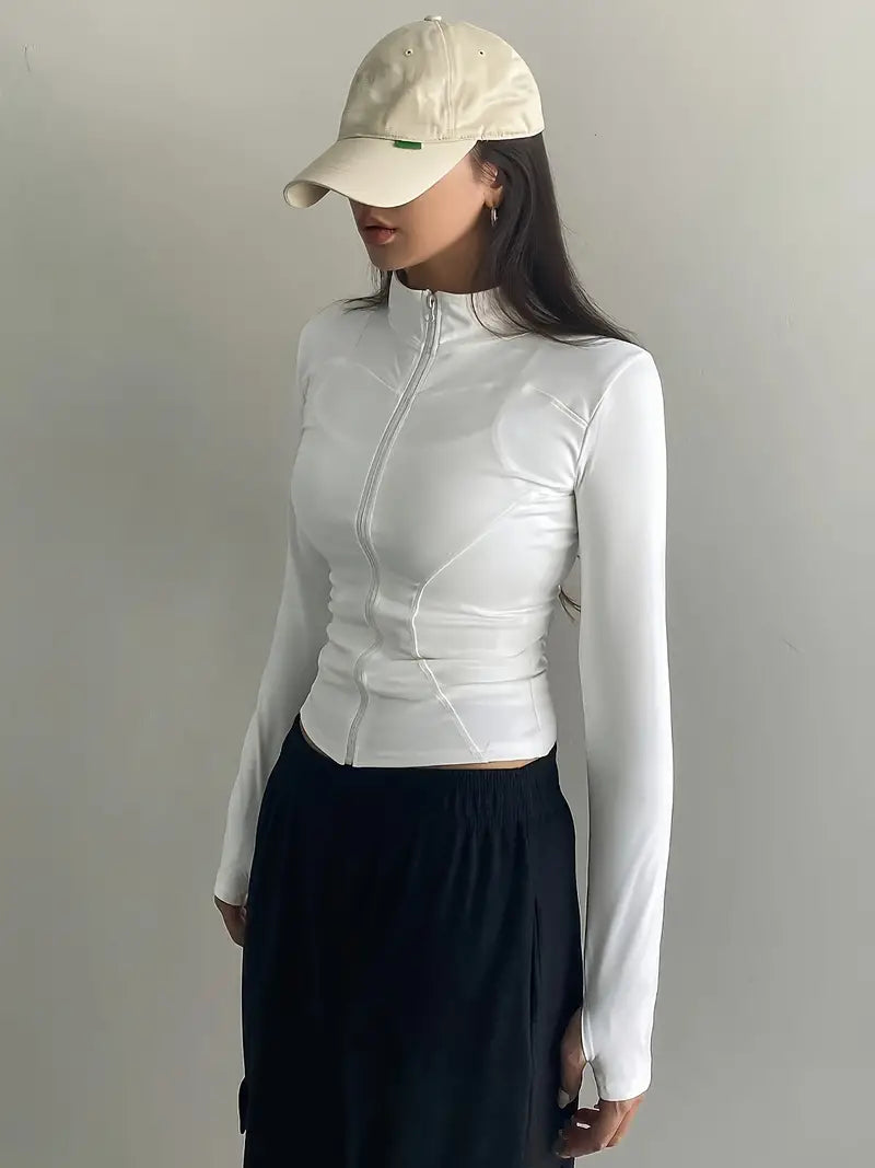 WHITE RETRO LONG SLEEVE ZIPPER STAND COLLAR JACKET
