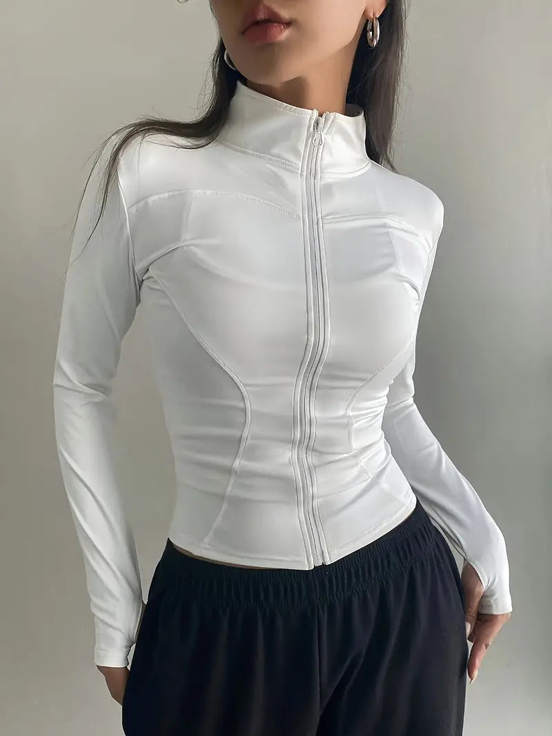 WHITE RETRO LONG SLEEVE ZIPPER STAND COLLAR JACKET