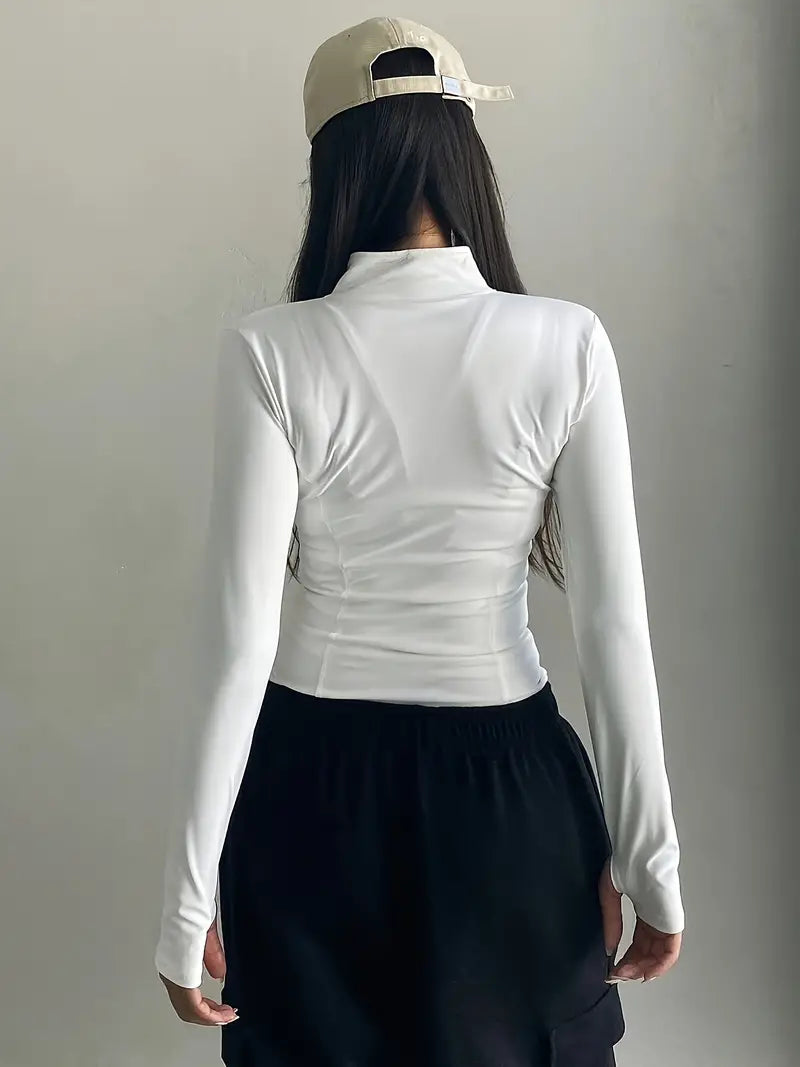 WHITE RETRO LONG SLEEVE ZIPPER STAND COLLAR JACKET