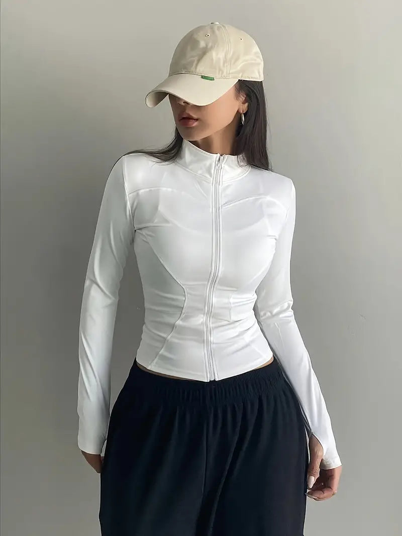 WHITE RETRO LONG SLEEVE ZIPPER STAND COLLAR JACKET