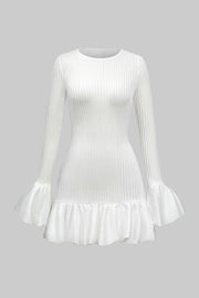 WHITE RIBBED KNIT MINI DRESS WITH RUFFLE TRIM AND BELL SLEEVES