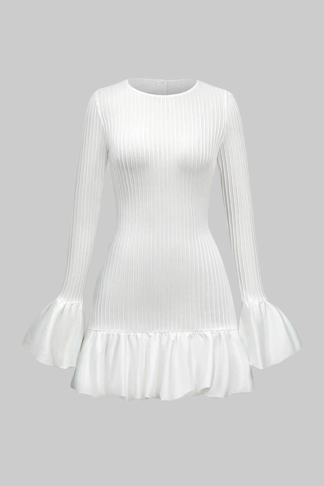 WHITE RIBBED KNIT MINI DRESS WITH RUFFLE TRIM AND BELL SLEEVES