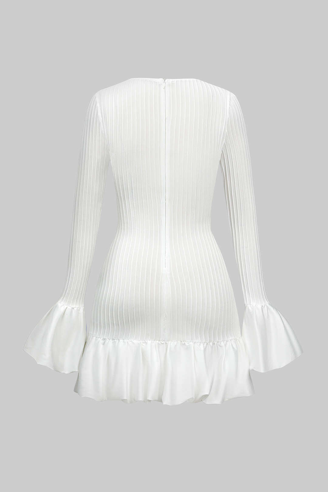 WHITE RIBBED KNIT MINI DRESS WITH RUFFLE TRIM AND BELL SLEEVES