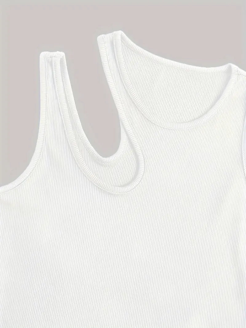 WHITE RIBBED KNIT TANK TOP REGULAR FIT ROUND NECK Y2K STYLE
