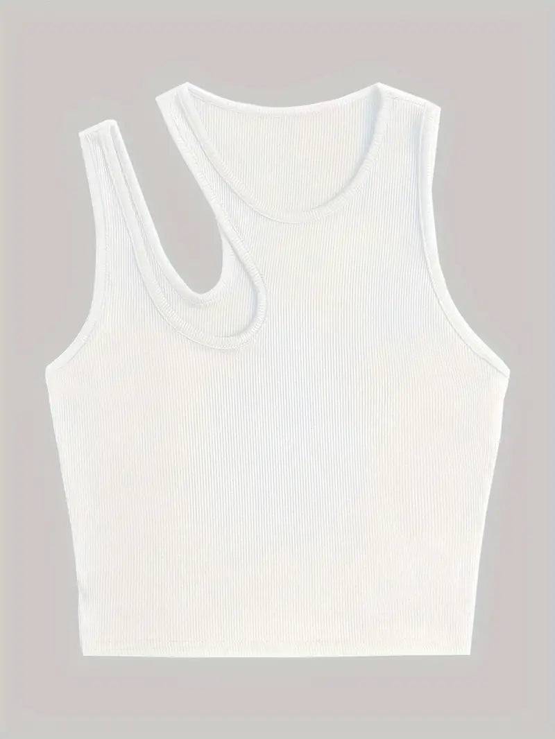WHITE RIBBED KNIT TANK TOP REGULAR FIT ROUND NECK Y2K STYLE