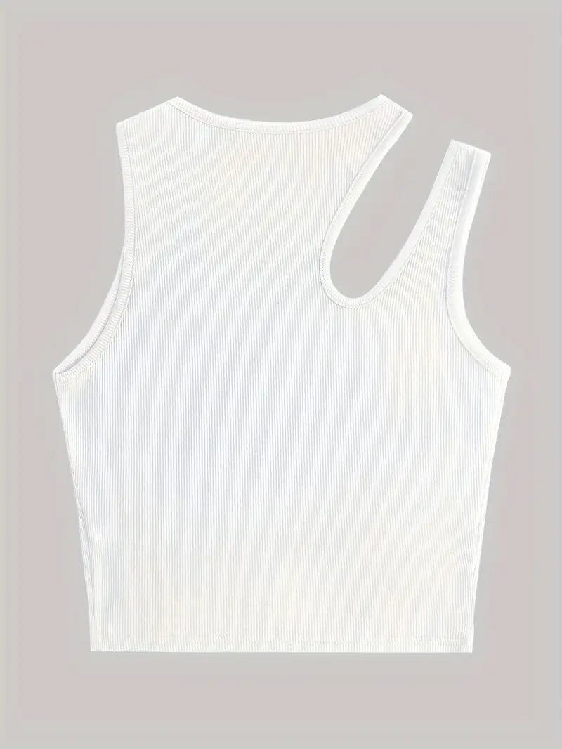 WHITE RIBBED KNIT TANK TOP REGULAR FIT ROUND NECK Y2K STYLE