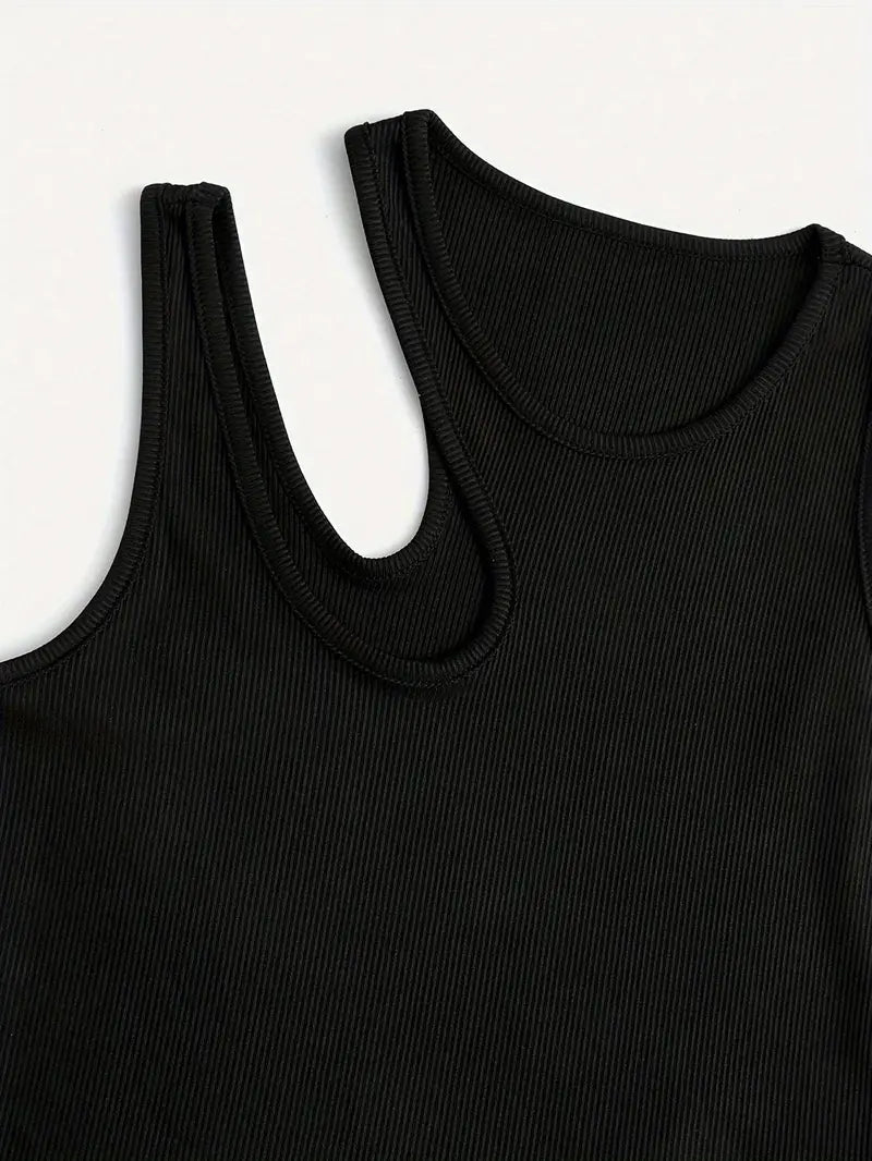 WHITE RIBBED KNIT TANK TOP REGULAR FIT ROUND NECK Y2K STYLE