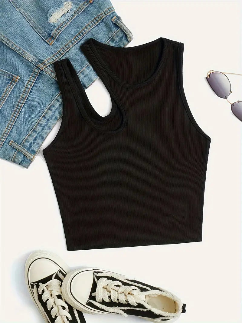 WHITE RIBBED KNIT TANK TOP REGULAR FIT ROUND NECK Y2K STYLE