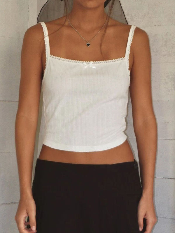 WHITE RIBBED LACE TRIM TANK TOP - WHITE Y2K CAMI