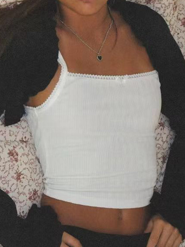 WHITE RIBBED LACE TRIM TANK TOP - WHITE Y2K CAMI