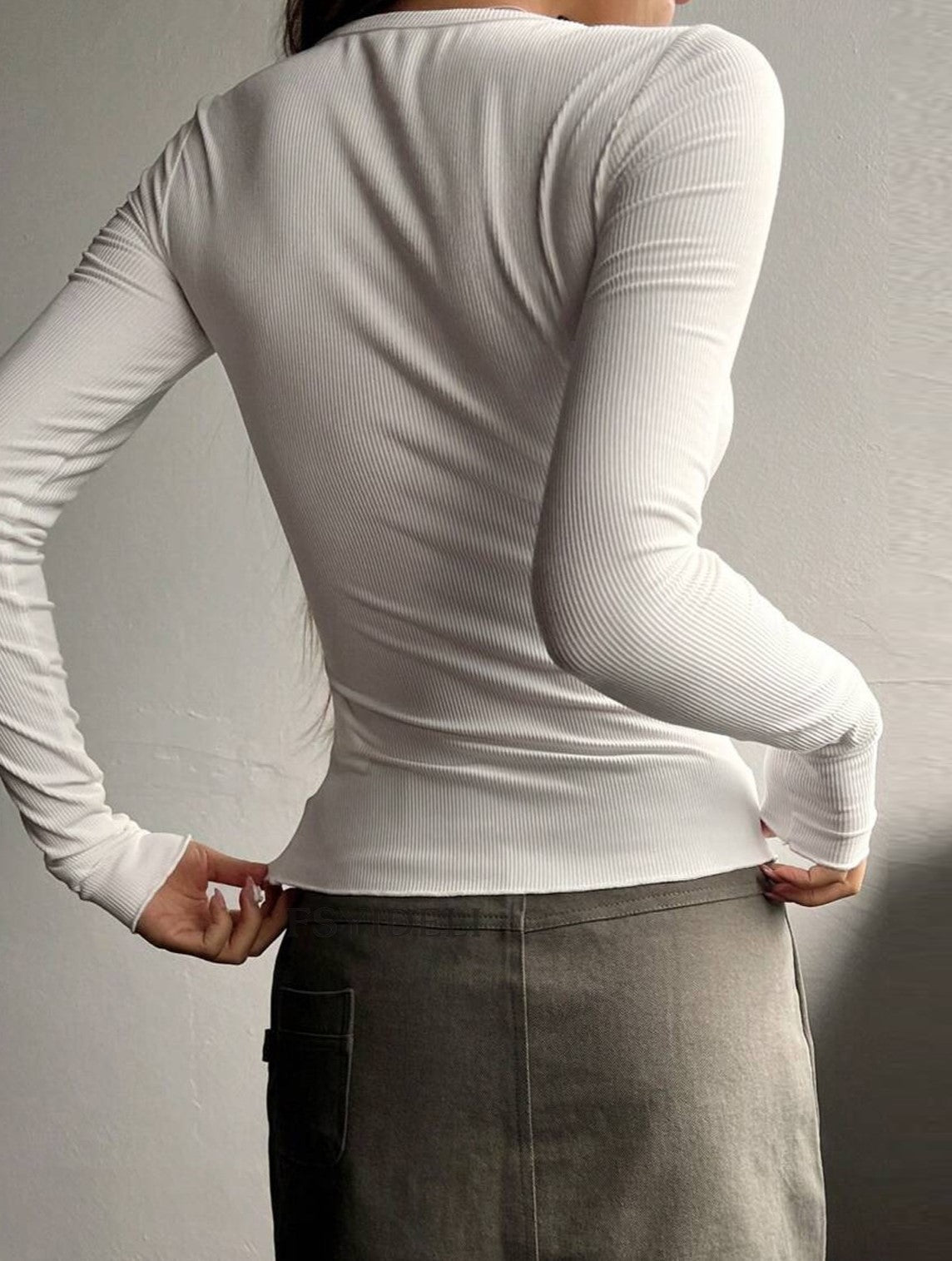 WHITE RIBBED LONG SLEEVE TOP - VERSATILE SLIM FIT