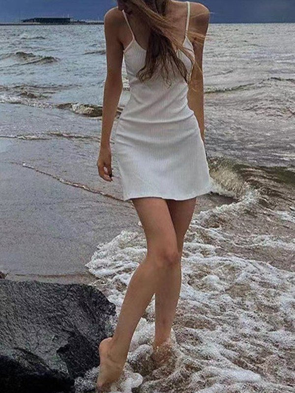 WHITE RIBBED MINI DRESS FOR SUMMER BEACH SLIM LOOKS