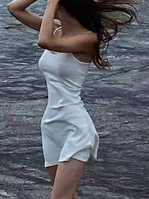 WHITE RIBBED MINI DRESS WITH ADJUSTABLE SHOULDER STRAPS