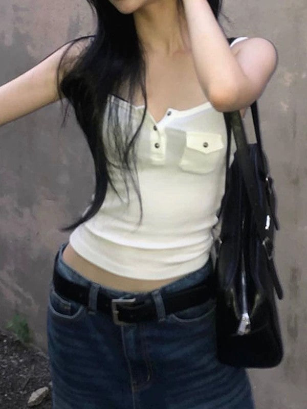 WHITE RIBBED ROUND NECK TANK TOP WITH BUTTONS AND POCKET FOR EFFORTLESS TRANSITION