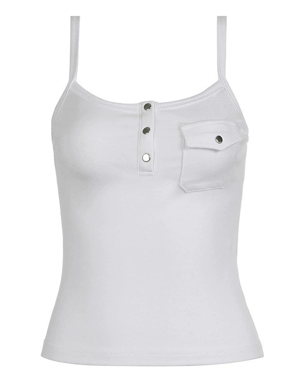 WHITE RIBBED ROUND NECK TANK TOP WITH BUTTONS AND POCKET FOR EFFORTLESS TRANSITION