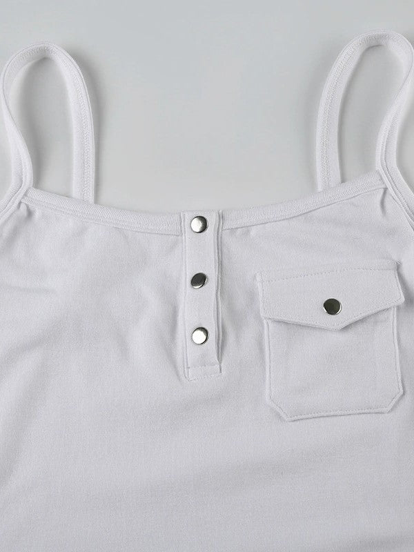 WHITE RIBBED ROUND NECK TANK TOP WITH BUTTONS AND POCKET FOR EFFORTLESS TRANSITION