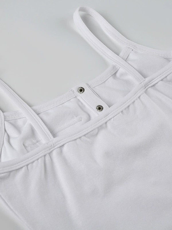 WHITE RIBBED ROUND NECK TANK TOP WITH BUTTONS AND POCKET FOR EFFORTLESS TRANSITION