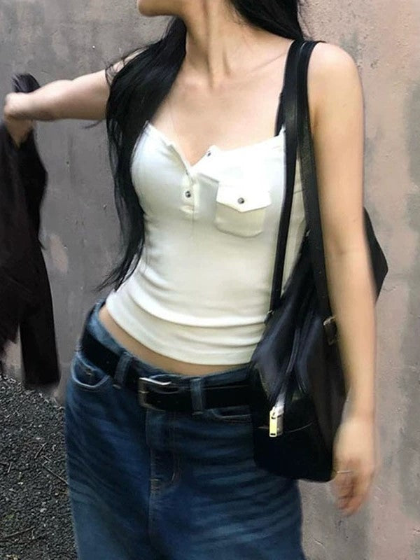 WHITE RIBBED ROUND NECK TANK TOP WITH BUTTONS AND POCKET FOR EFFORTLESS TRANSITION