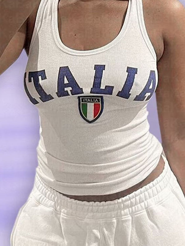 WHITE RIBBED U-NECK TANK TOP WITH ITALIA LETTER PRINT DESIGN