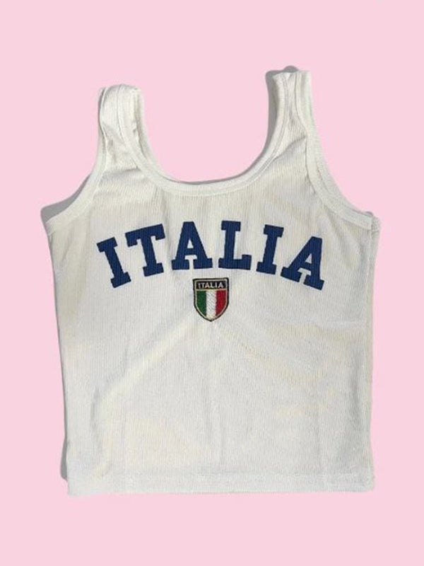 WHITE RIBBED U-NECK TANK TOP WITH ITALIA LETTER PRINT DESIGN