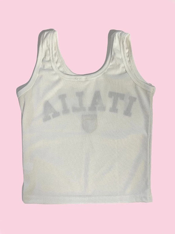 WHITE RIBBED U-NECK TANK TOP WITH ITALIA LETTER PRINT DESIGN