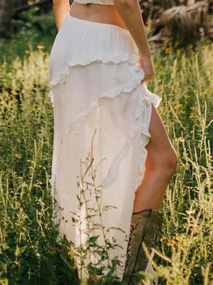 WHITE RUFFLED MAXI SKIRT - ELEGANT RUFFLE MIDI SKIRT