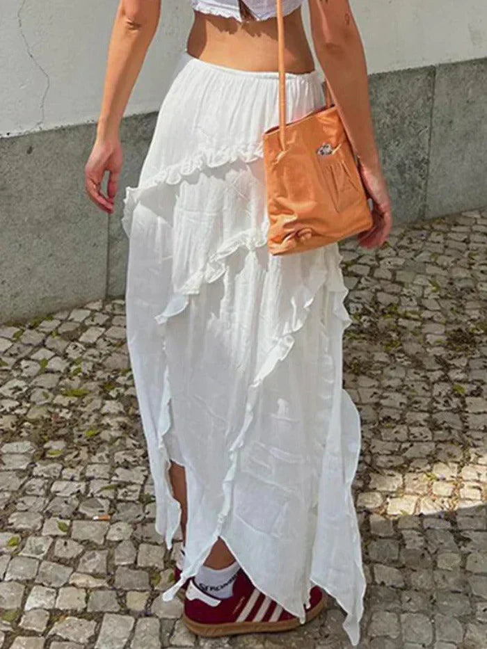 WHITE RUFFLED MAXI SKIRT - ELEGANT RUFFLE MIDI SKIRT