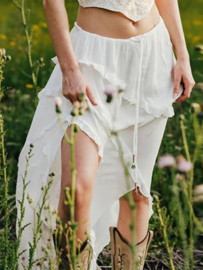 WHITE RUFFLED MAXI SKIRT - ELEGANT RUFFLE MIDI SKIRT