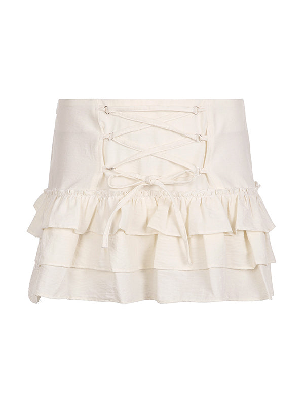 WHITE RUFFLED MINI SKIRT WITH SLIM FIT CRISSCROSS TIE