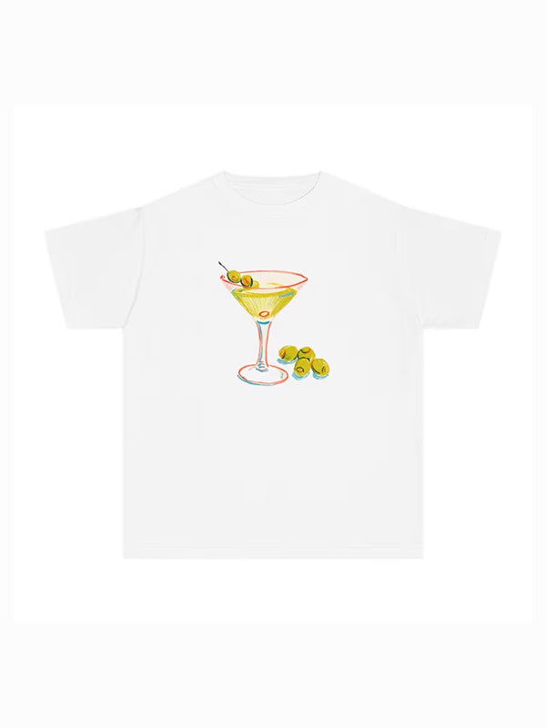 WHITE SHORT SLEEVE T-SHIRT WITH MARTINI GRAPHIC Y2K ROUND NECK DESIGN