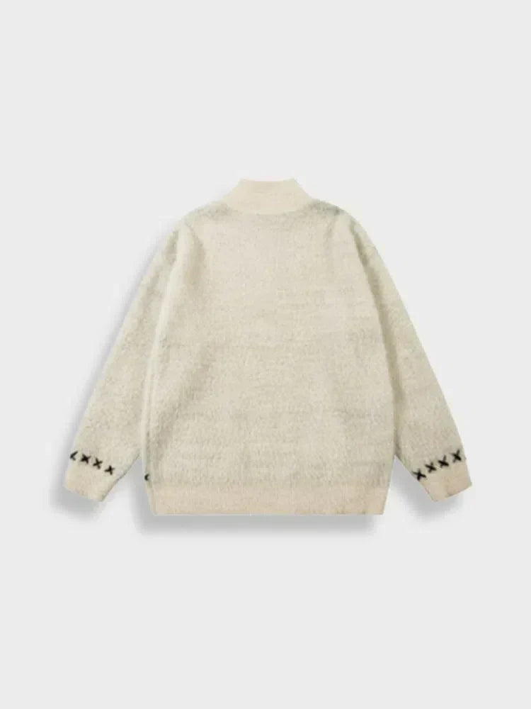 WHITE SKI-THEMED SWEATER WITH MOHAIR WINTER ZIPPER
