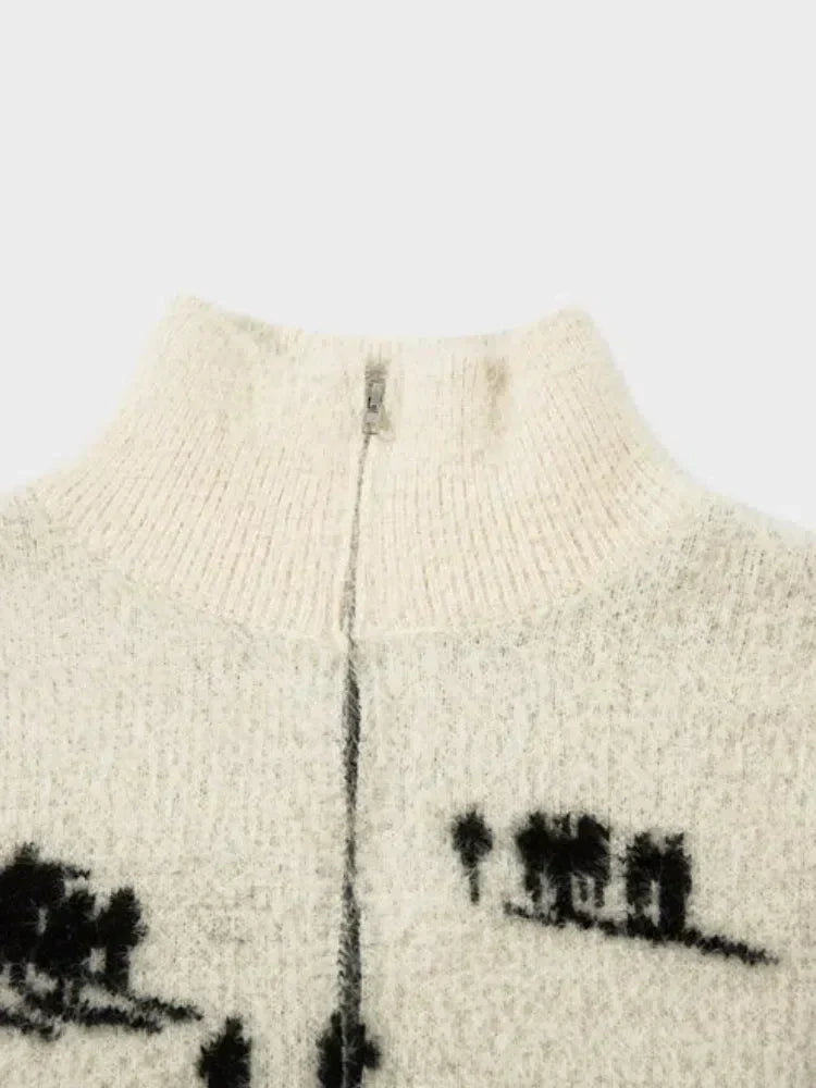 WHITE SKI-THEMED SWEATER WITH MOHAIR WINTER ZIPPER