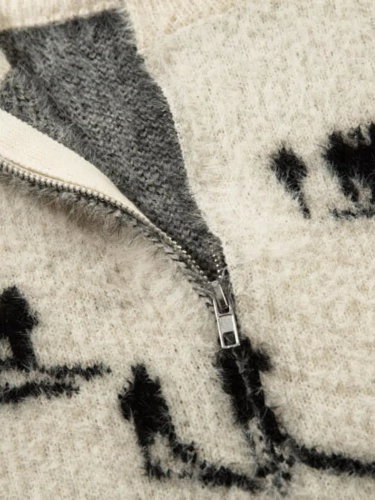 WHITE SKI-THEMED SWEATER WITH MOHAIR WINTER ZIPPER