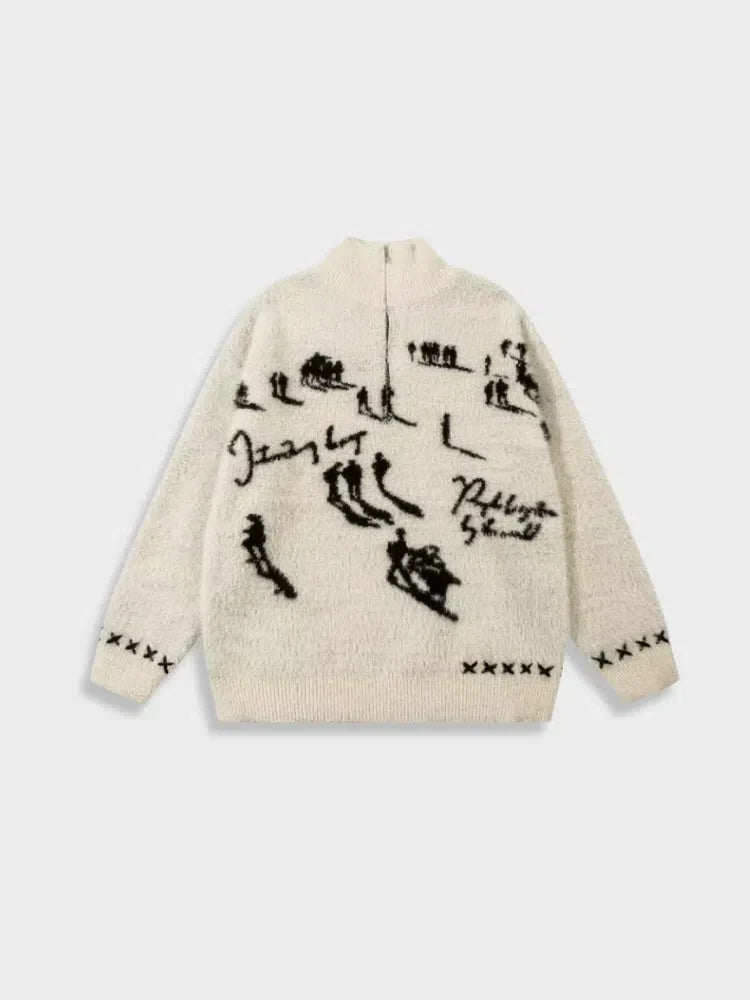 WHITE SKI-THEMED SWEATER WITH MOHAIR WINTER ZIPPER