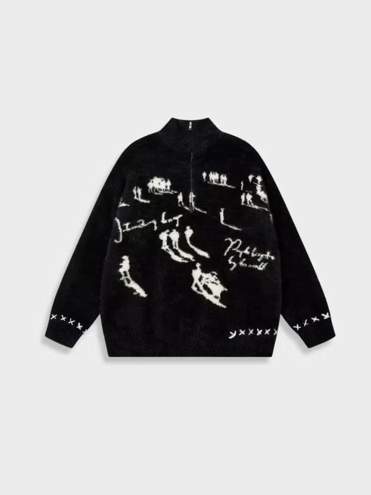 WHITE SKI-THEMED SWEATER WITH MOHAIR WINTER ZIPPER