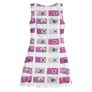 WHITE SLEEVELESS DRESS WITH CAMERA PRINT - Y2K STYLE