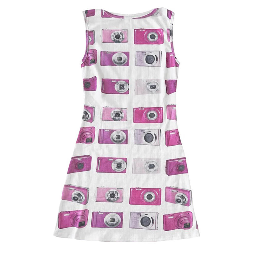 WHITE SLEEVELESS DRESS WITH CAMERA PRINT - Y2K STYLE