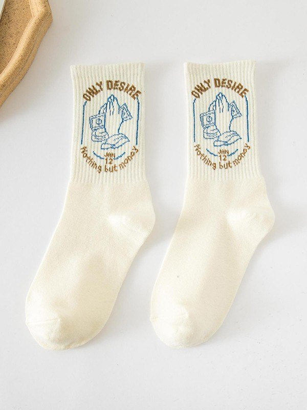 WHITE SOCKS WITH MONEY-THEMED DESIGN AND CUTE LETTER PATTERN