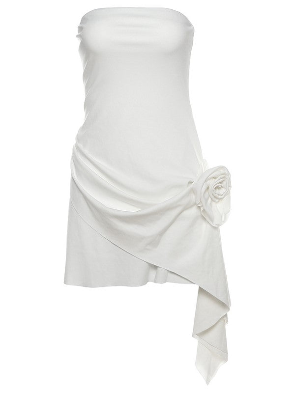 WHITE STRAPLESS MINI DRESS WITH FLORAL DETAIL AND DARING BACKLESS DESIGN