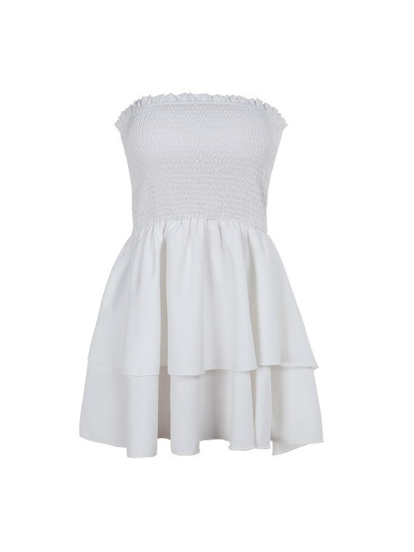 WHITE STRAPLESS TIERED DRESS WITH DOUBLE LAYER IN CHIC OFF-THE-SHOULDER STYLE