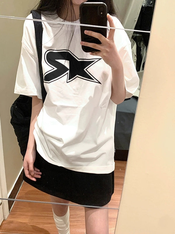 WHITE T-SHIRT WITH BLACK LOGO - CASUAL STYLE SHORT SLEEVES LOOSE FIT