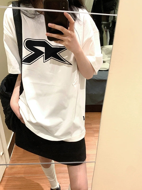 WHITE T-SHIRT WITH BLACK LOGO - CASUAL STYLE SHORT SLEEVES LOOSE FIT