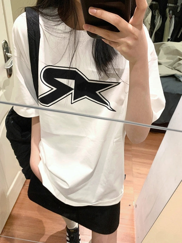 WHITE T-SHIRT WITH BLACK LOGO - CASUAL STYLE SHORT SLEEVES LOOSE FIT