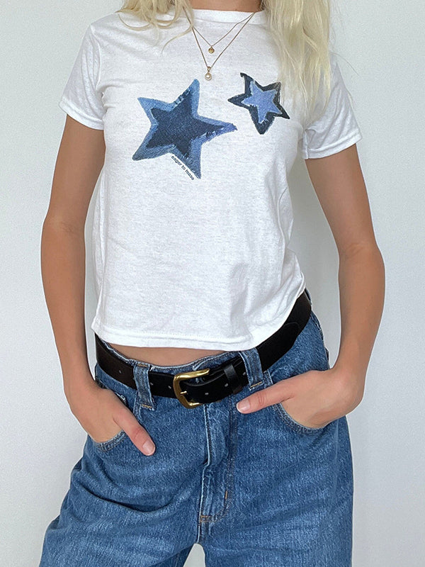 WHITE T-SHIRT WITH BLUE STAR DESIGNS Y2K CASUAL LOOSE FIT