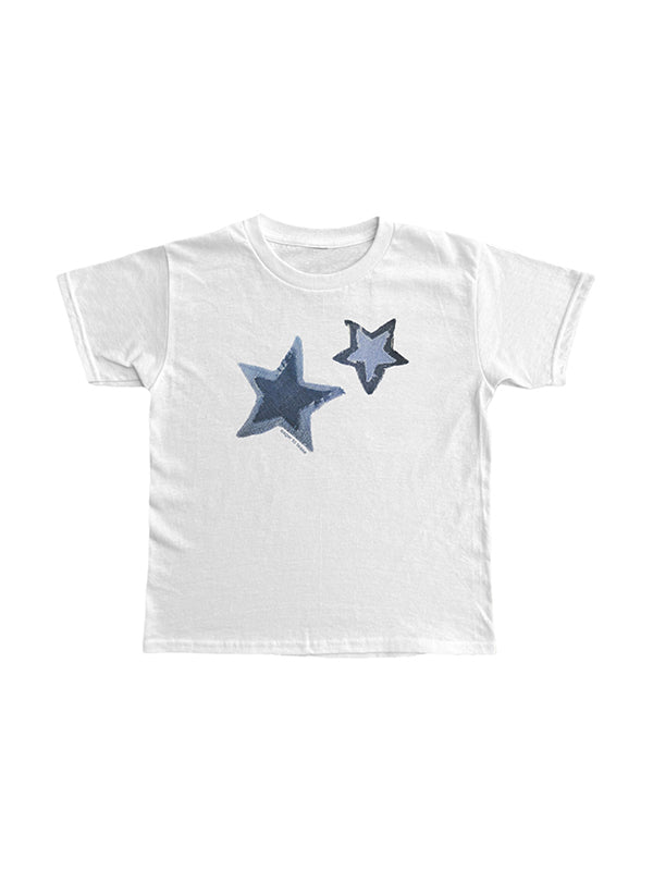 WHITE T-SHIRT WITH BLUE STAR DESIGNS Y2K CASUAL LOOSE FIT
